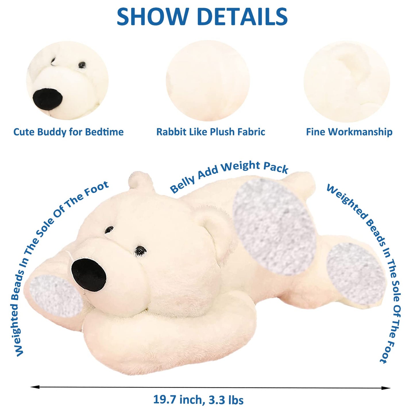 Ronivia Weighted Stuffed Animals, 19.7'' 3.3Lbs Weighted Bear Stuffed Animal Toy Cute White Bear Plush Pillow Weighted Plush Ani