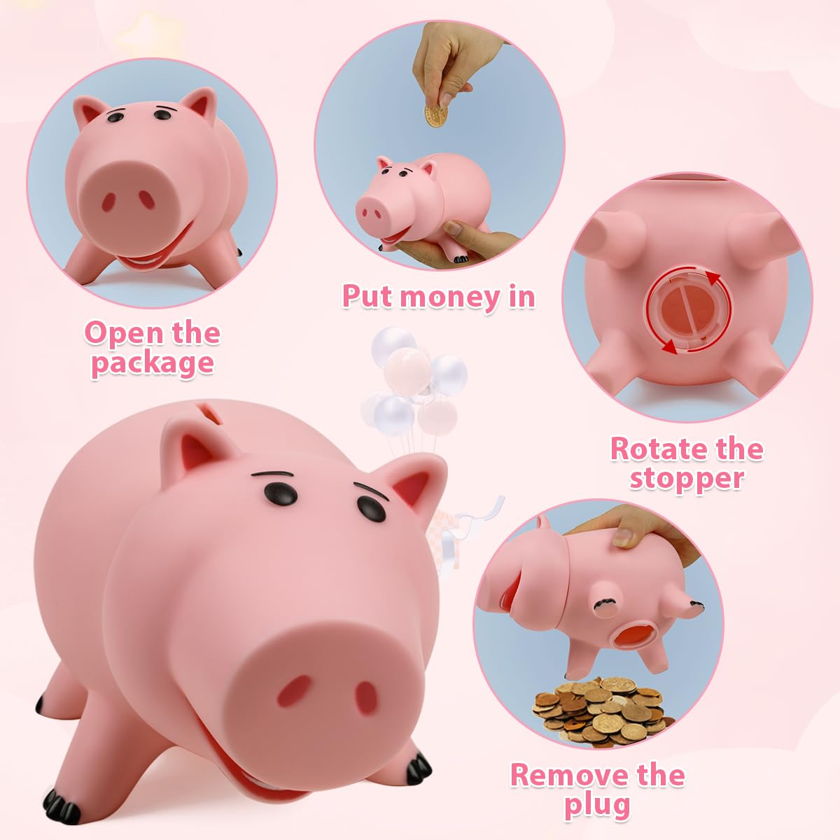 Phocas Piggy Bank, Cute Pink Plastic Coin Bank For Girls And Boys, Unbreakable Pig Money Bank For Xmas Christmas Birthday Gift