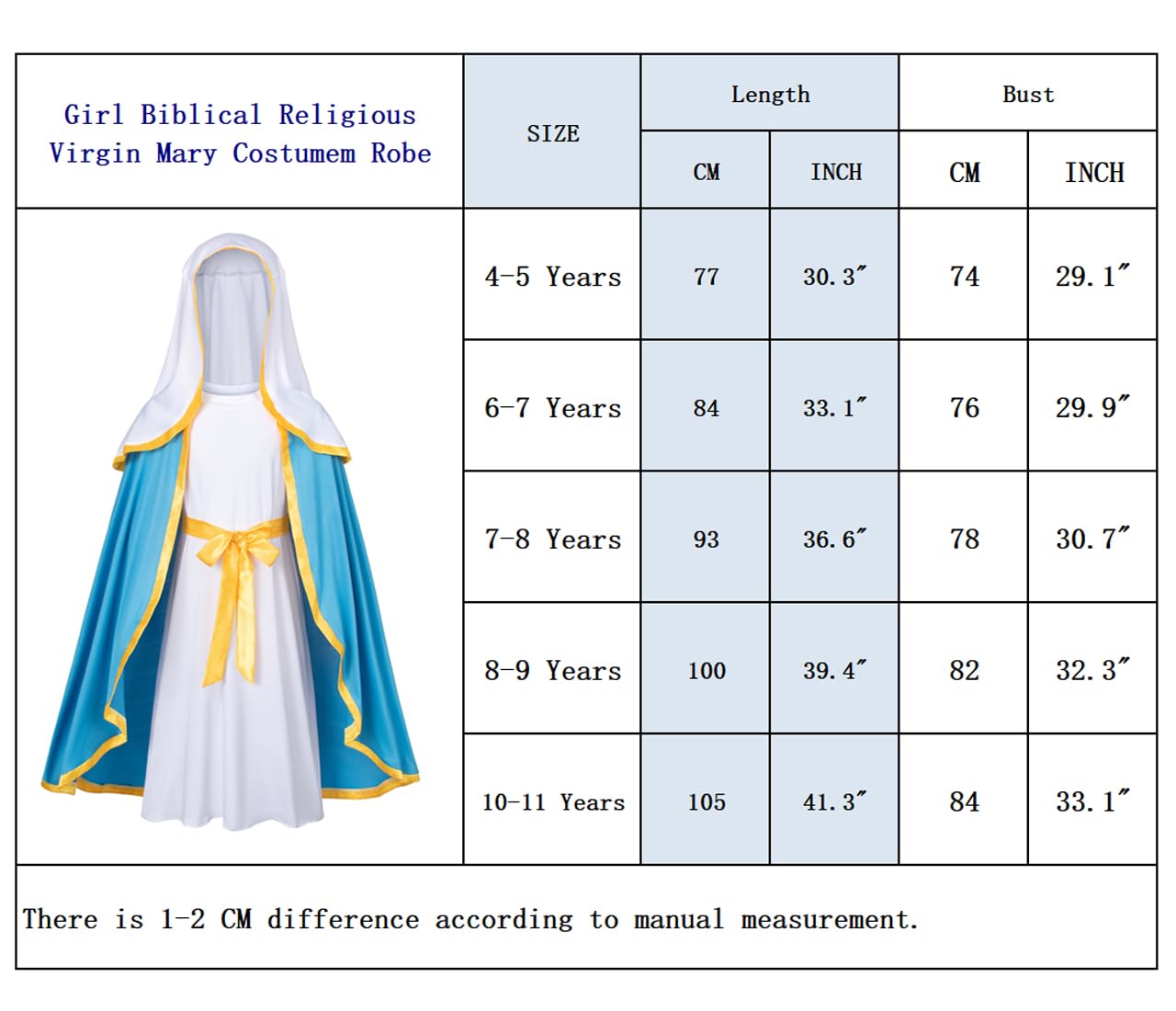 Irtysh Classic Girl Biblical Religious Virgin Mary Costume Fancy Dress Costume Headwrap Hat Waist Rope Set(8-9Years)