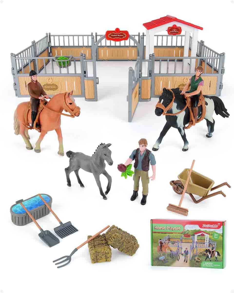 DuDuMo Horse Stable Playset  Horse Gifts for Girls and Boys with 3 Horses and 2 Riders  Horse Toys Set Farm Animals Toys for Kids 3 4 5 6 7 8+ (New Model)  Green