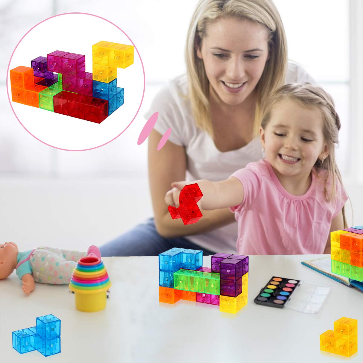 DASDAX Magnetic Building Blocks Magic Magnetic 3D Puzzle Cubes, Set of 7 Multi Shapes Magnetic Blocks with 54 Guide Cards, Intel
