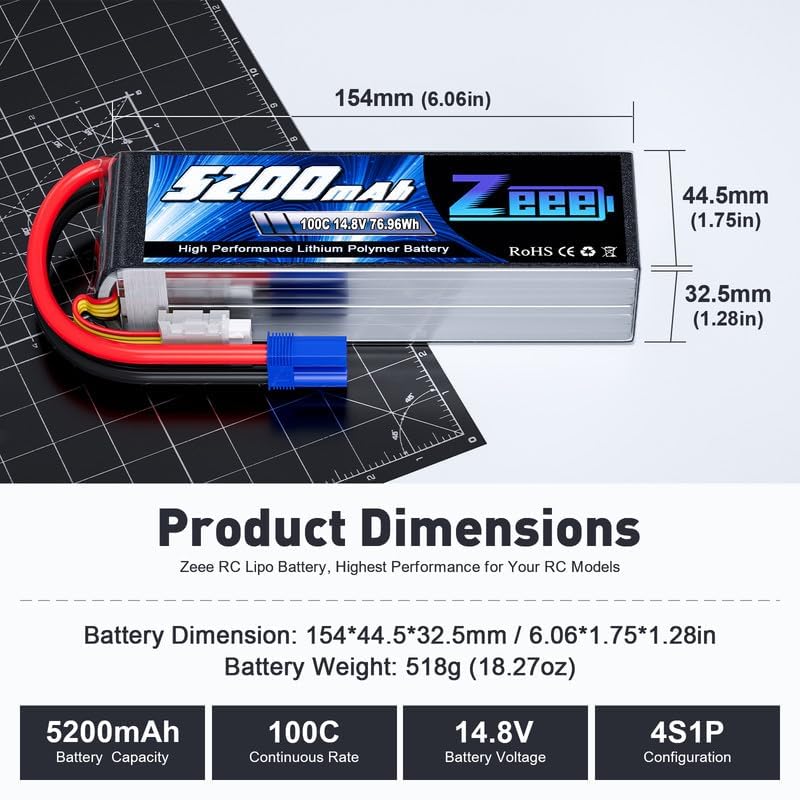 Zeee 4S Lipo Battery 14.8V 5200mAh 100C with EC5 Plug Soft Case for RC Plane Quadcopter Airplane Helicopter RC Car Truck RC Boat