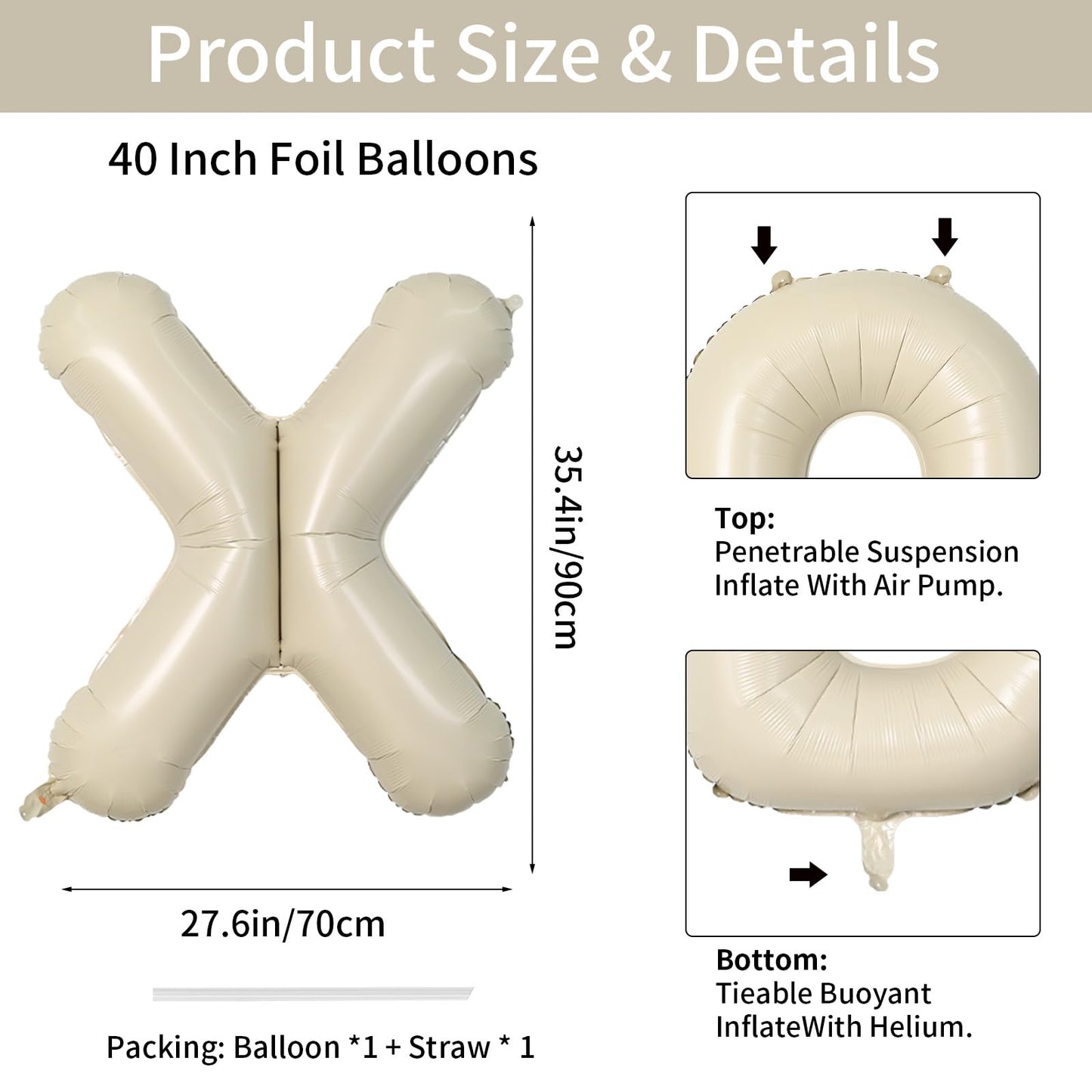 Biapian 40 Inch Letter X Balloons, Giant Cream X Foil Balloon, Big Single Alphabet A-Z Balloons, Beige Large Aluminum X Balloons