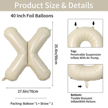 Biapian 40 Inch Letter X Balloons, Giant Cream X Foil Balloon, Big Single Alphabet A-Z Balloons, Beige Large Aluminum X Balloons