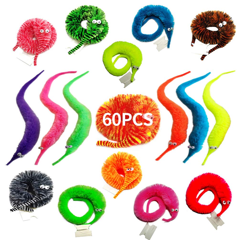 Shengsen 60 Pack Fuzzy Worm Toys String Pets Fuzzy Worms On String Bulk Trick Toy Party Favors For Kid Cat (12 Colors)