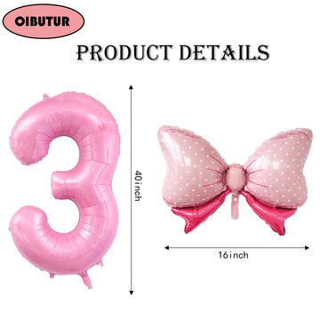 40 Inch Number 3 Balloon With Bow Pink Birthday Number Balloon For Girls Daughter Birthday Decorations Party Supplies