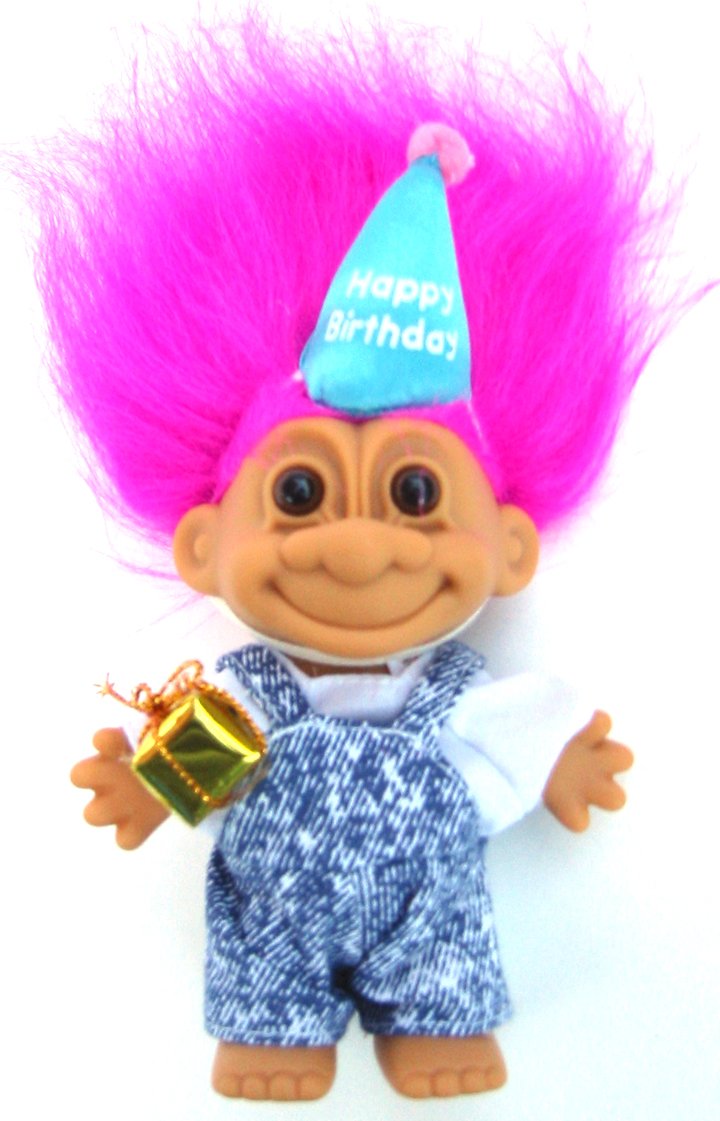 My Lucky Happy Birthday 6' Troll Dressed In Denim Overalls W/Present