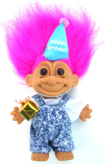My Lucky Happy Birthday 6' Troll Dressed In Denim Overalls W/Present