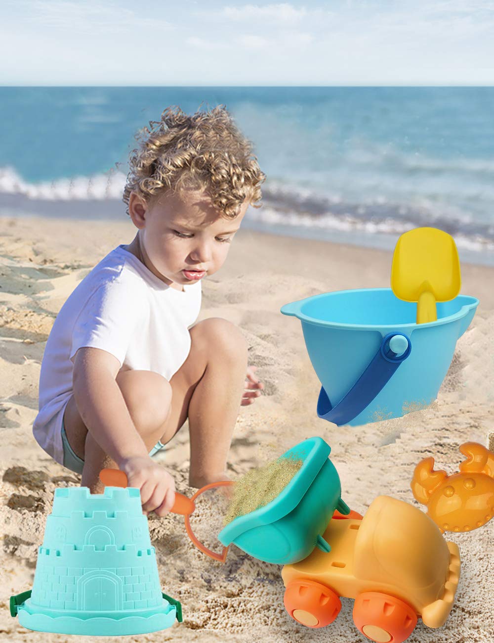 Iokuki Long Shovels Sand Toys Set With Mesh Bag Including Dump Truck, Beach Buckets, Shovels, Rakes, Molds, Outdoor Beach Toys T