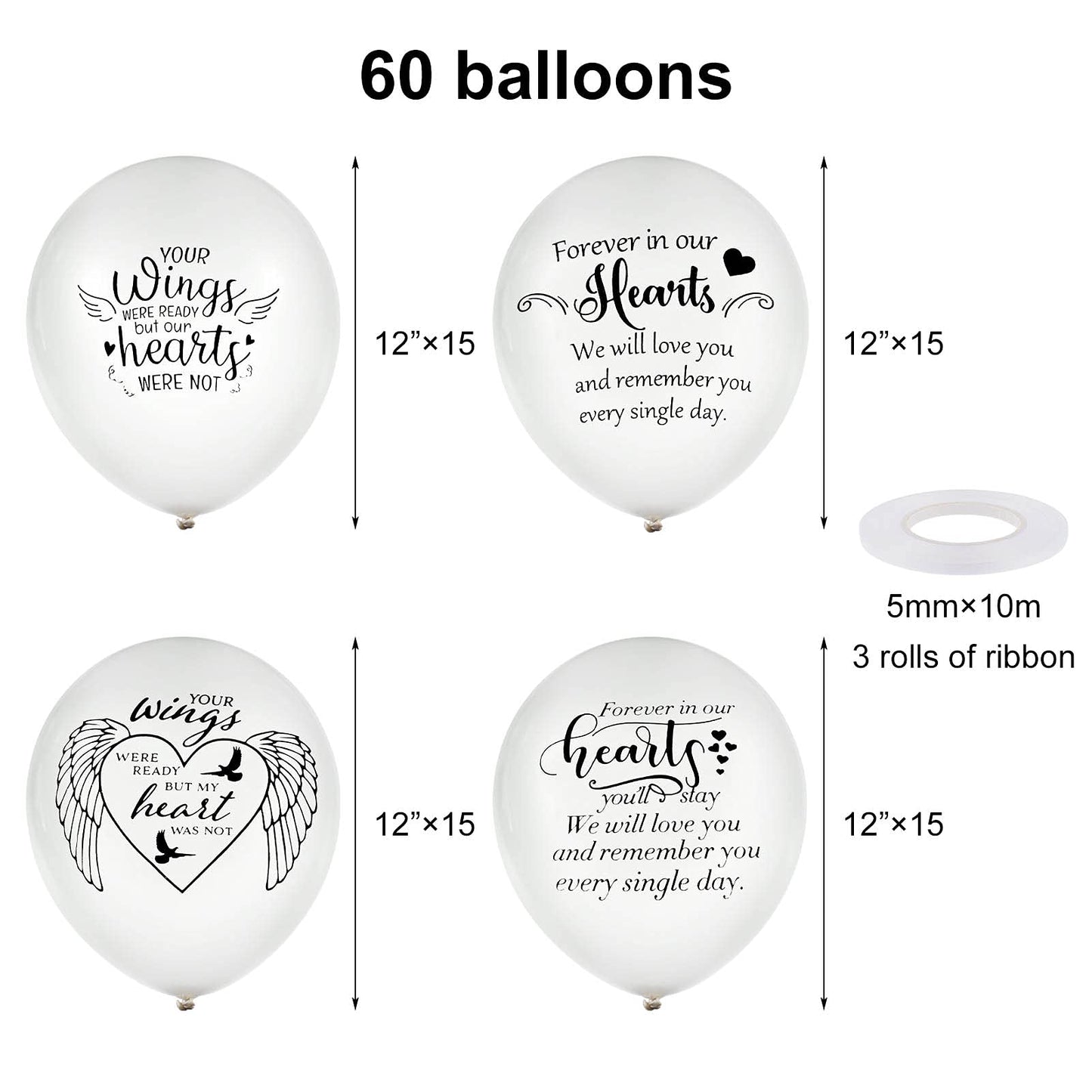 Chenkaiyang 60 Memorial Balloons - 12" White Latex Balloons with Ribbon for Funeral Decoration