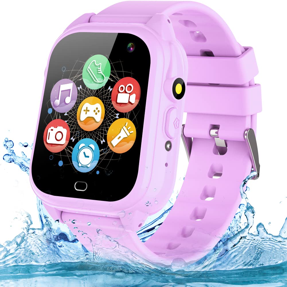 OVV Kids Waterproof Smart Watch D05-3, 1.44'' HD Touch Screen, Purple, Age 3-12, Music Player, Camera, 26 Games, Pedometer