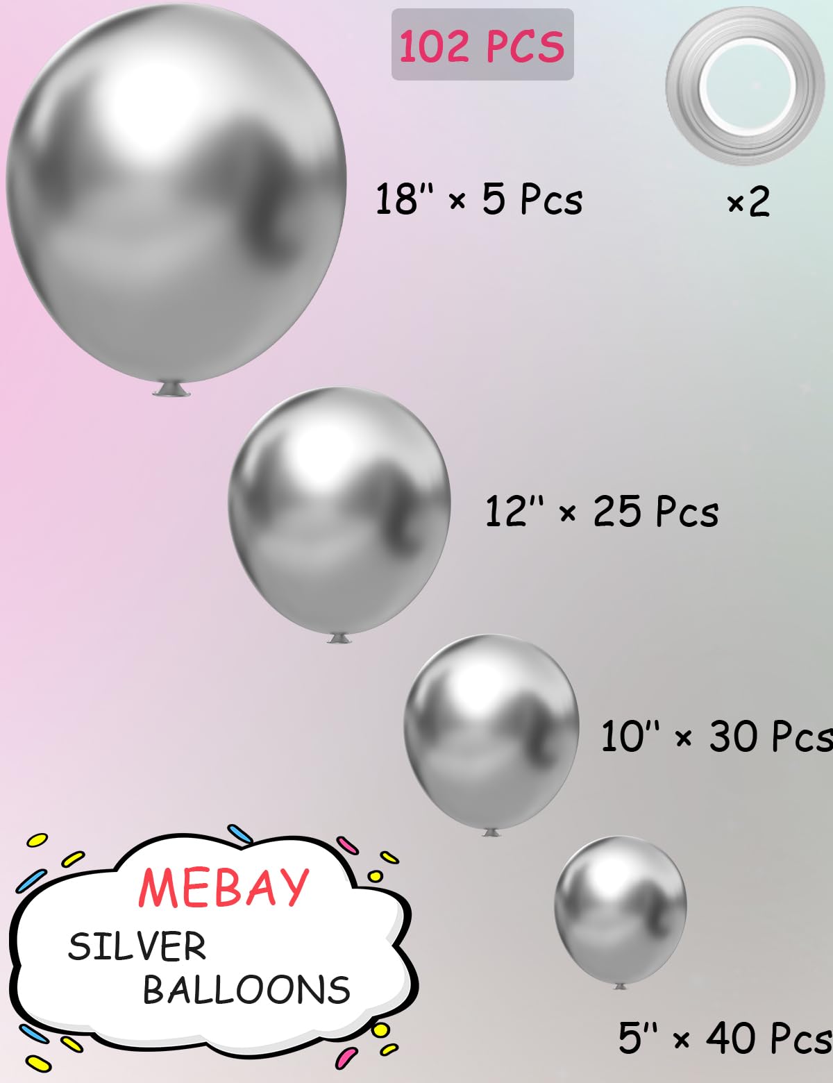 Moxmay Metallic Sliver Balloons Different Sizes, 102 Pcs 18 12 10 5 Inch Sliver Latex Chrome Balloon For Graduation Baby Shower