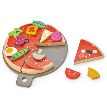 Tender Leaf Toys - Pizza Party - 6 Slices of Realistic Pizza Toy Set with 12 Different Toppings, Kraft Card Take-Out Box Include