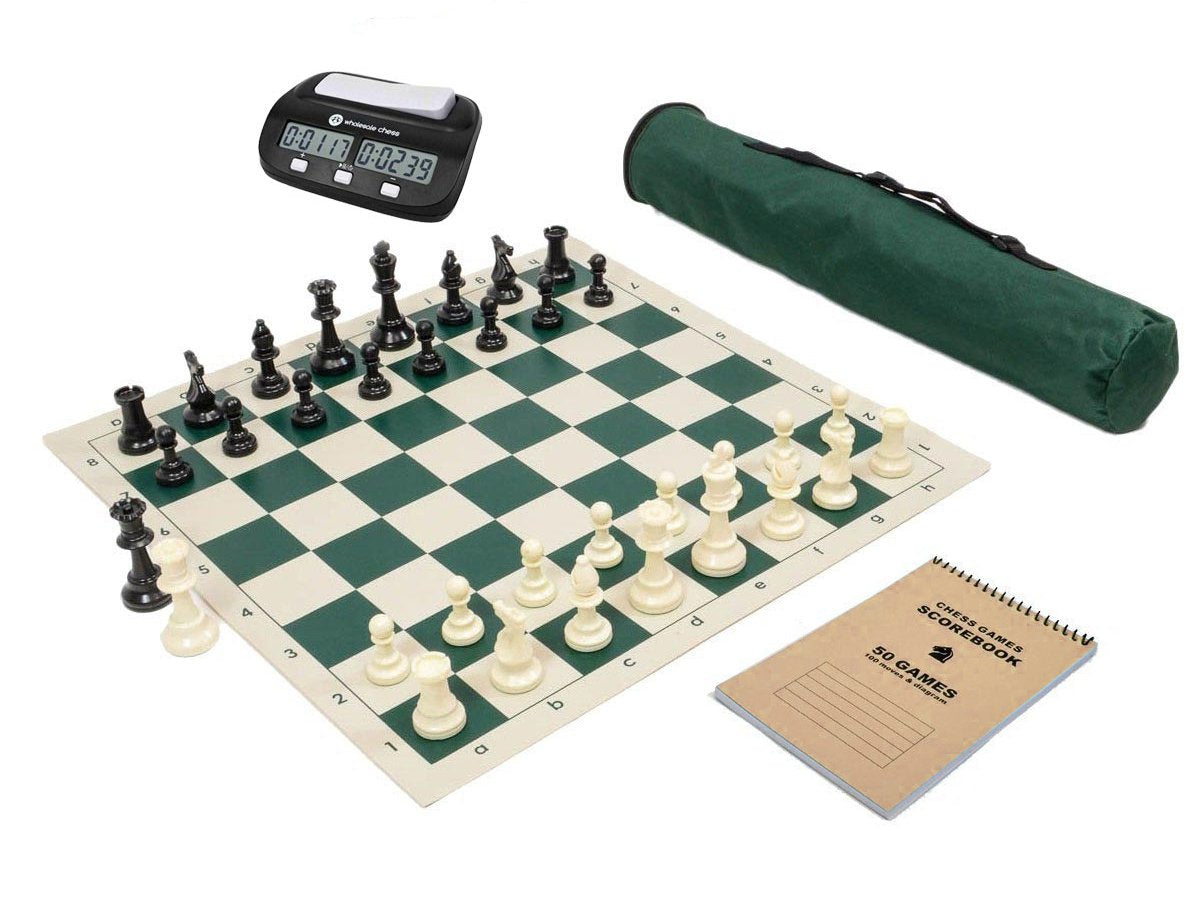 Wholesale Chess Basic Club Complete Chess Set - Green Vinyl with Scorebook and Clock