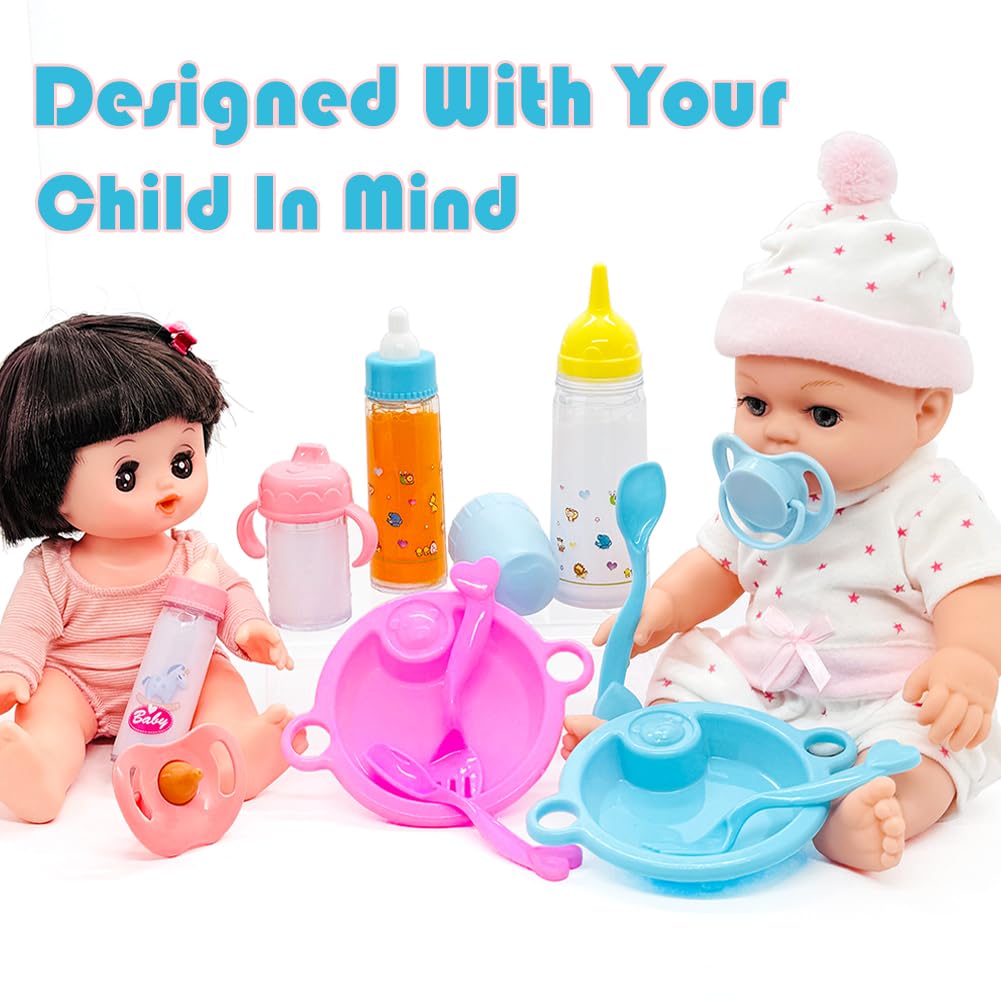 Baby Doll Accessories Magic Bottle Set Magic Disappearing Milk Juice Bottles Sippy Cups with Pacifiers Bowl Spoons, Doll Bottle