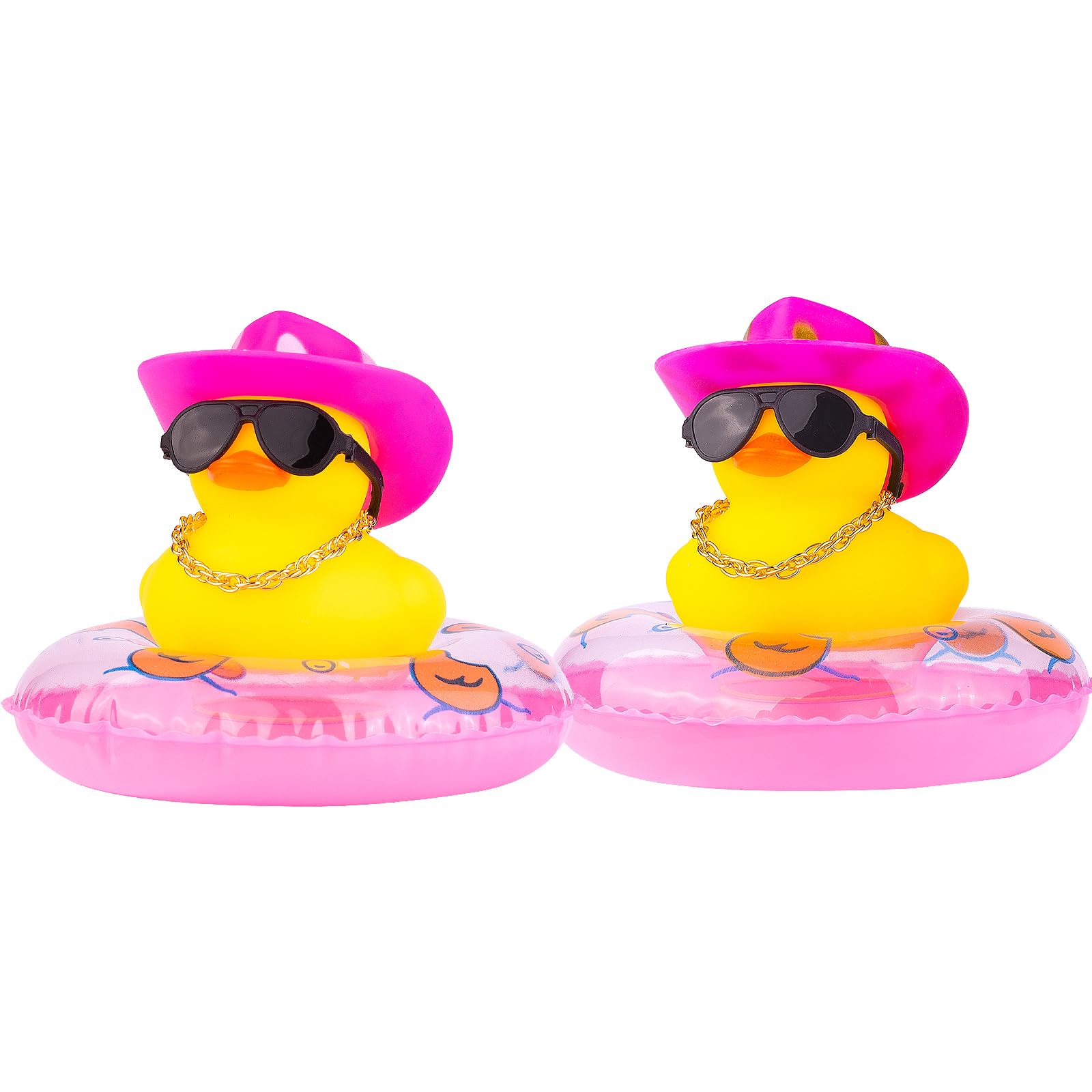 MuMyer 2Pcs Duck Car Ornaments - Yellow Duck Car Dashboard Decorations with Mini Swim Ring Cowboy Hat Necklace and Sunglasses