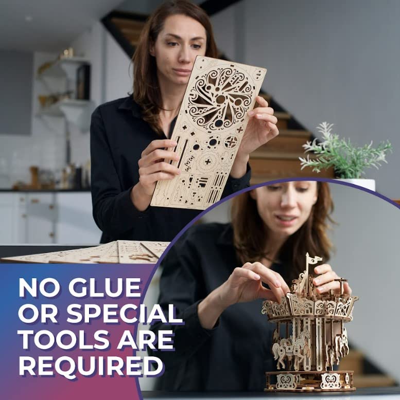 UGEARS Carousel Wooden Mechanical 3D Model Self-Assembling Craft DIY Kit mature-themed and Teens Puzzle Gift