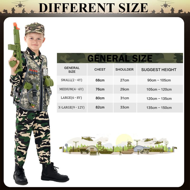Udekit Army Uniform Cosplay Costume Soldier Outfits With Clothes, Tatical Vest And Other Toys Acessories For Kids 6Y To 8Y