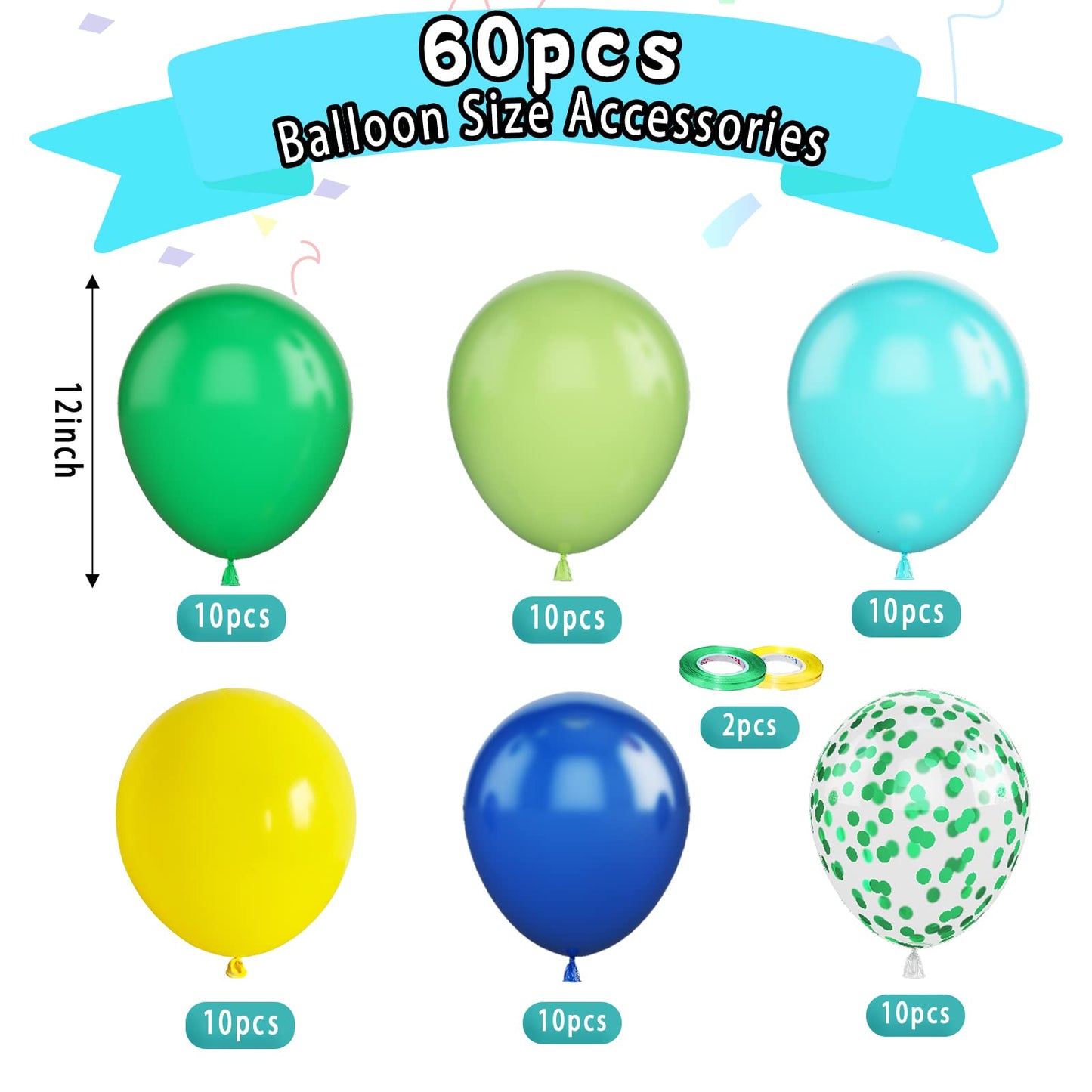 Paready Green And Blue Balloons, 60 Pcs 12 Inch Navy Teal Blue Dark Green Latex Balloons, Teal Yellow Light Green Confetti Ballo
