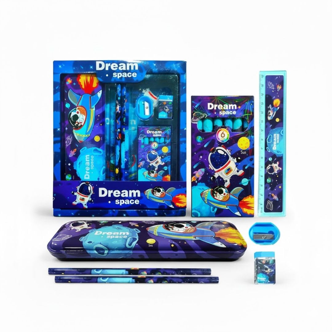Vish Toys Dream Space Kids Stationery Gift Set  Pencil Box With Pencils, Eraser, Sharpener, Ruler & Notebook | Cute Space Theme