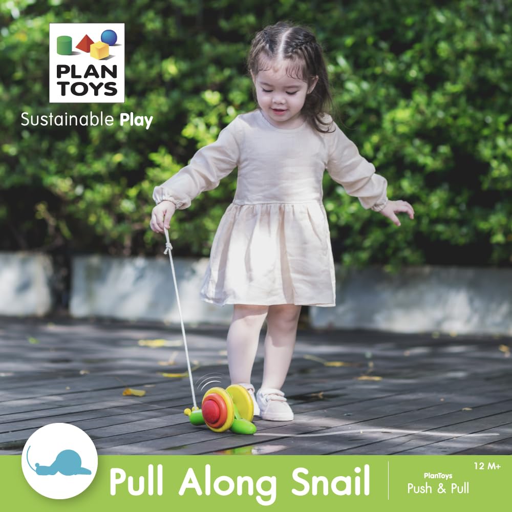 PlanToys Wooden Pull Along Snail Pull Toy (5108) | Sustainably Made from Rubberwood and Non-Toxic Paints and Dyes