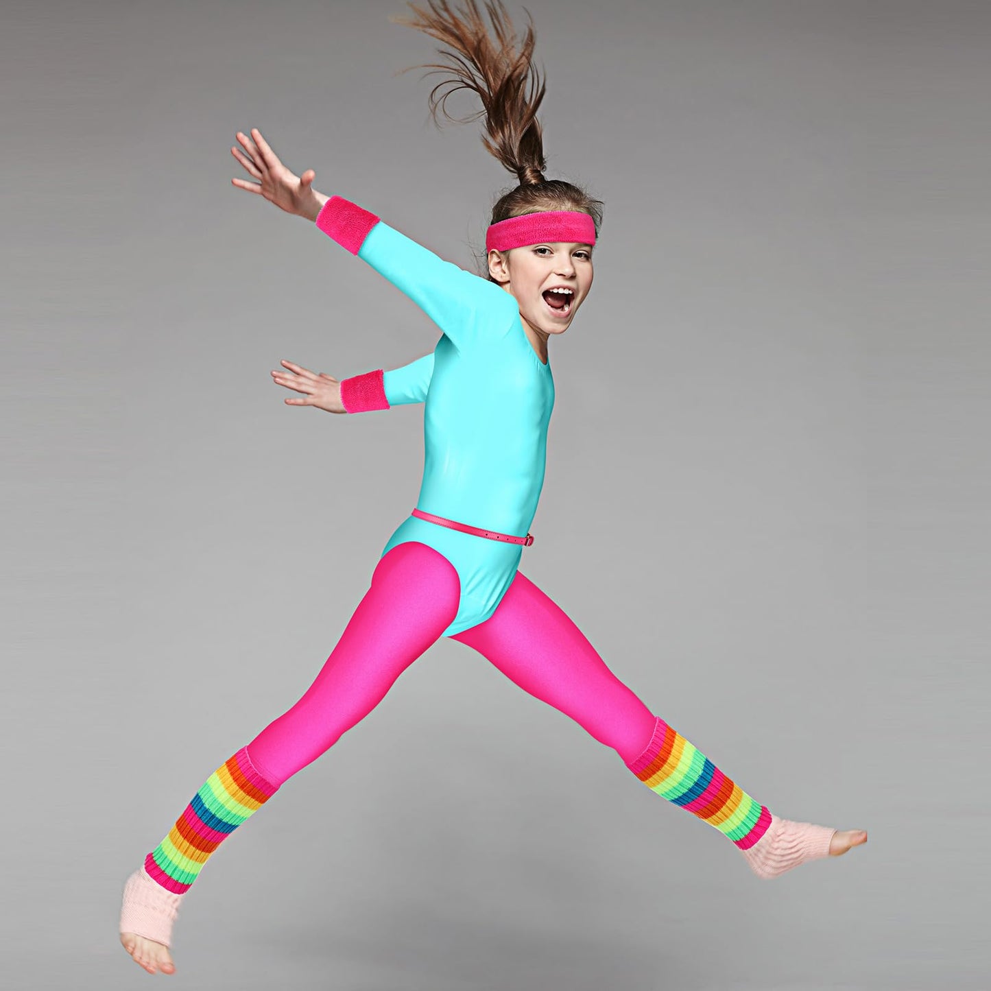 Hicarer 5 Pcs Kids 80S Workout Costume Outfit Accessories Set, Neon Leotard Legging Headband Wristband Leg Warmers Belt(2-3 Year