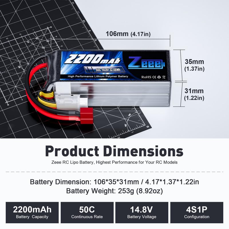 Zeee 4S Lipo Battery 2200mAh 14.8V 50C Soft Pack RC Battery with T Connector for RC Car Boat Truck Helicopter Airplane UAV Drone