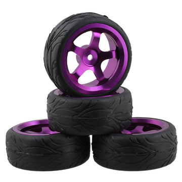 Mxfans Black Scale Pattern Rubber Tyre and Purple Alloy Wheel Rims with 5 Spoke for RC 1:10 On-Road Racing Car Pack of 4