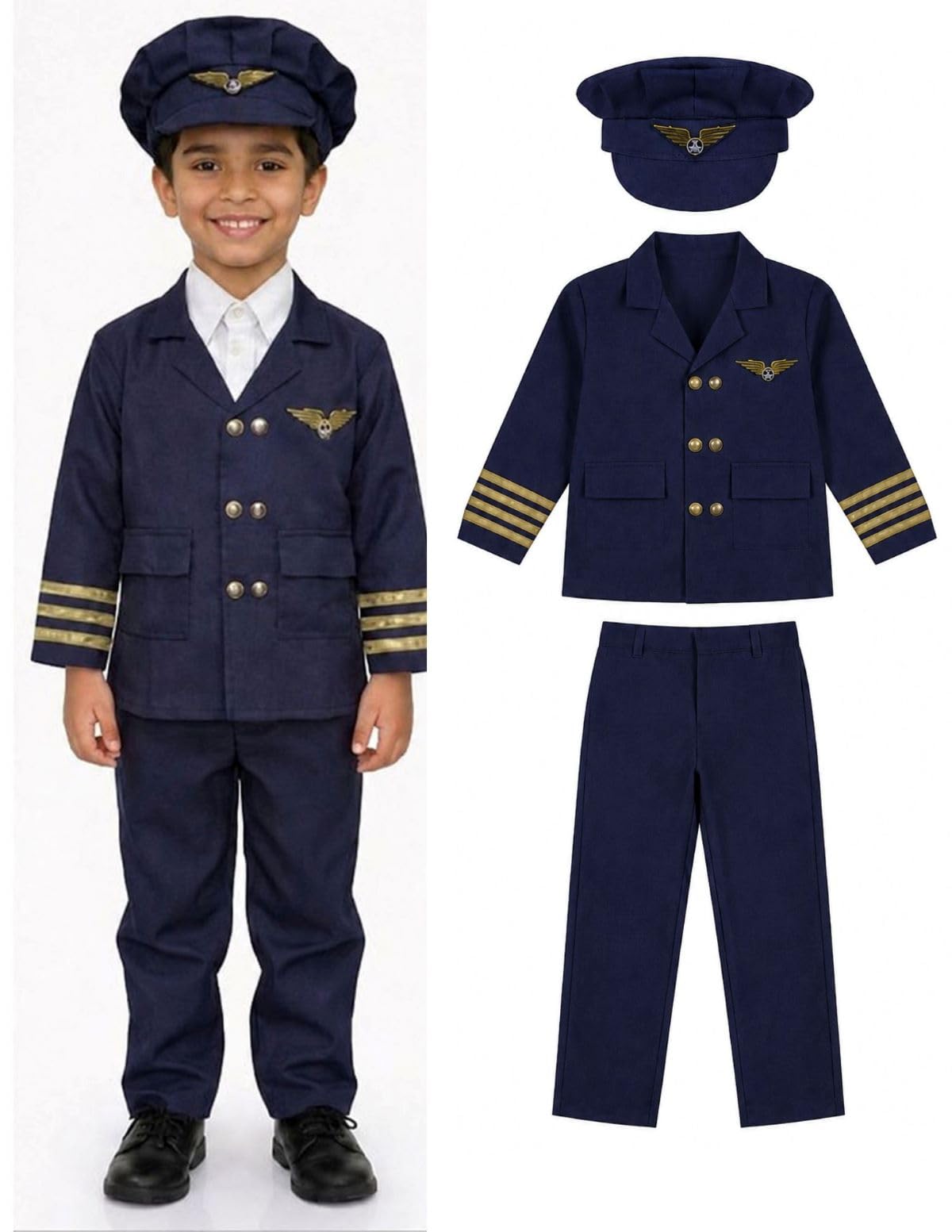 BookMyCostume Dark Blue Airline Captain Pilot Dress for Kids | Aviator Pilot Uniform with Jacket, Cap & Pants | Professional Pil