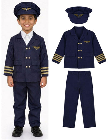 BookMyCostume Dark Blue Airline Captain Pilot Dress for Kids | Aviator Pilot Uniform with Jacket, Cap & Pants | Professional Pil