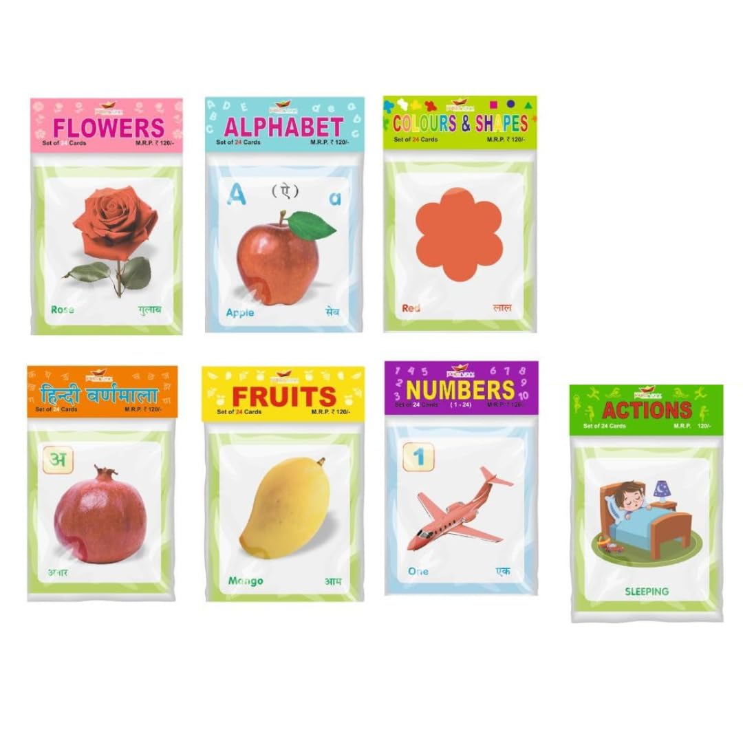 Flash Cards For Kids (Set Of 7): Abc, Numbers, Fruits, Shapes, Hindi & More (175) Cards