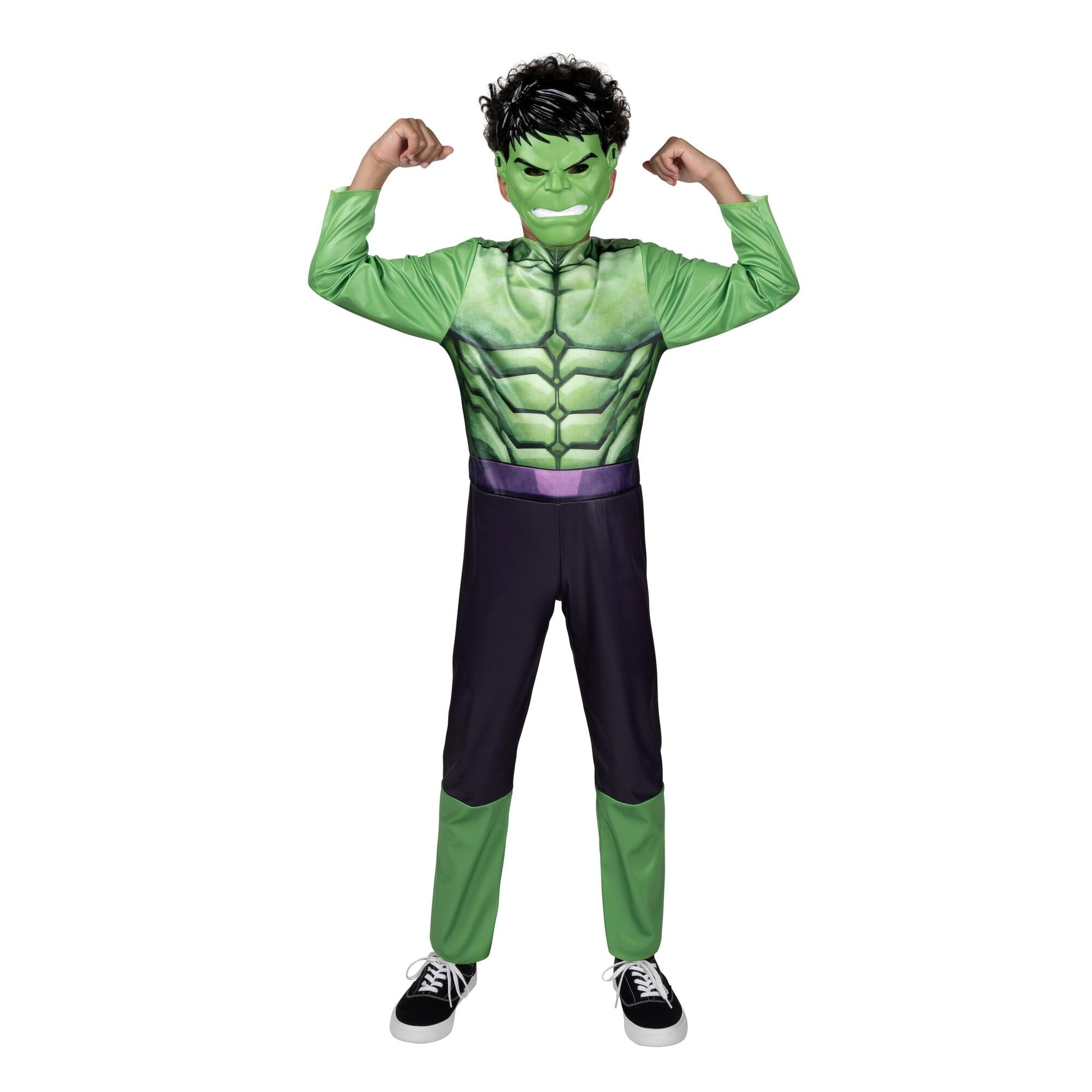 Marvel Hulk Official Youth Halloween Costume - enhanced Quality Fabric Jumpsuit with Printed Design and Plastic Mask (Medium) Green