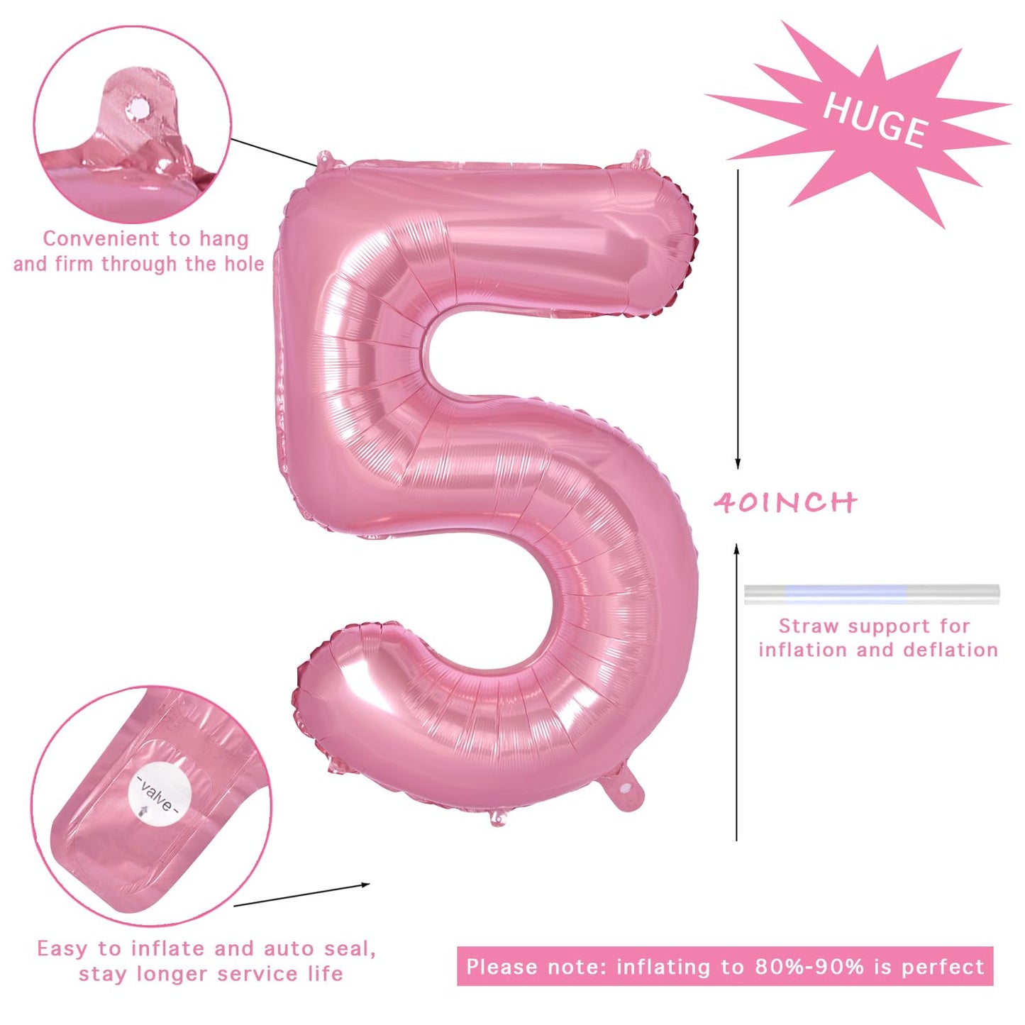 Vonokee 40 Inch Pink Giant Number Balloons 5, Jumbo Digital Foil Mylar Balloon For Birthday Party Wedding Anniversary Celebratio