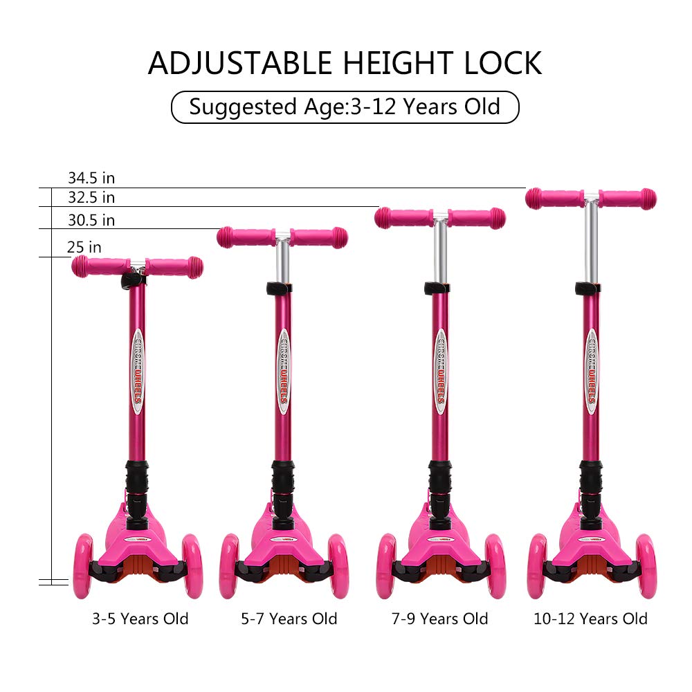ChromeWheels Deluxe Kick Scooter for Kids, 3 Wheel, Foldable, 4 Adjustable Heights, LED Light Up Wheels, Pink, Model CW8009L-Pink
