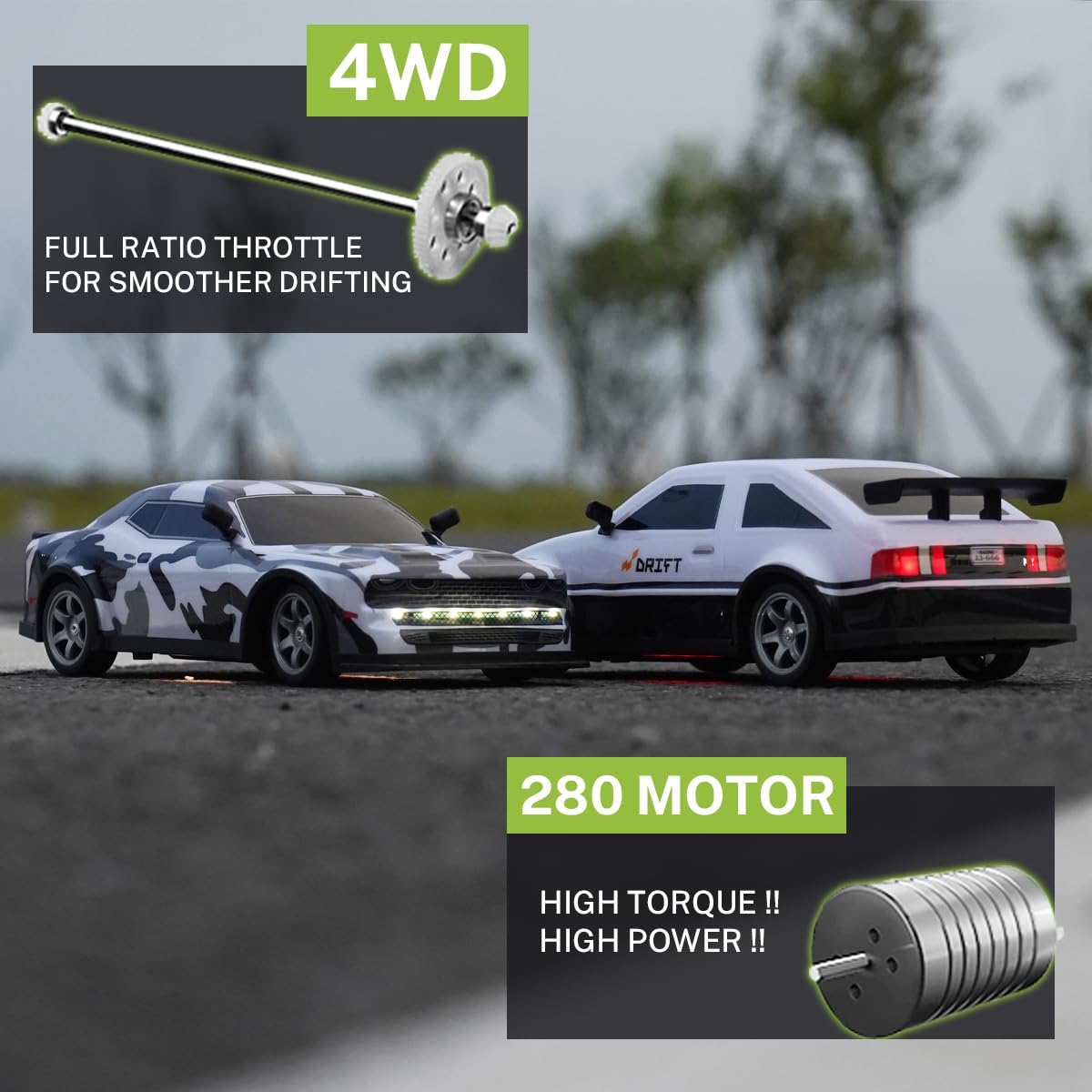 ACAMMZAR 1:16 RC Drift Car, 25KM/H 4WD High Speed Remote Control Cars for Kids, with LED Lights, Two Batteries, Extra Tires, Dri