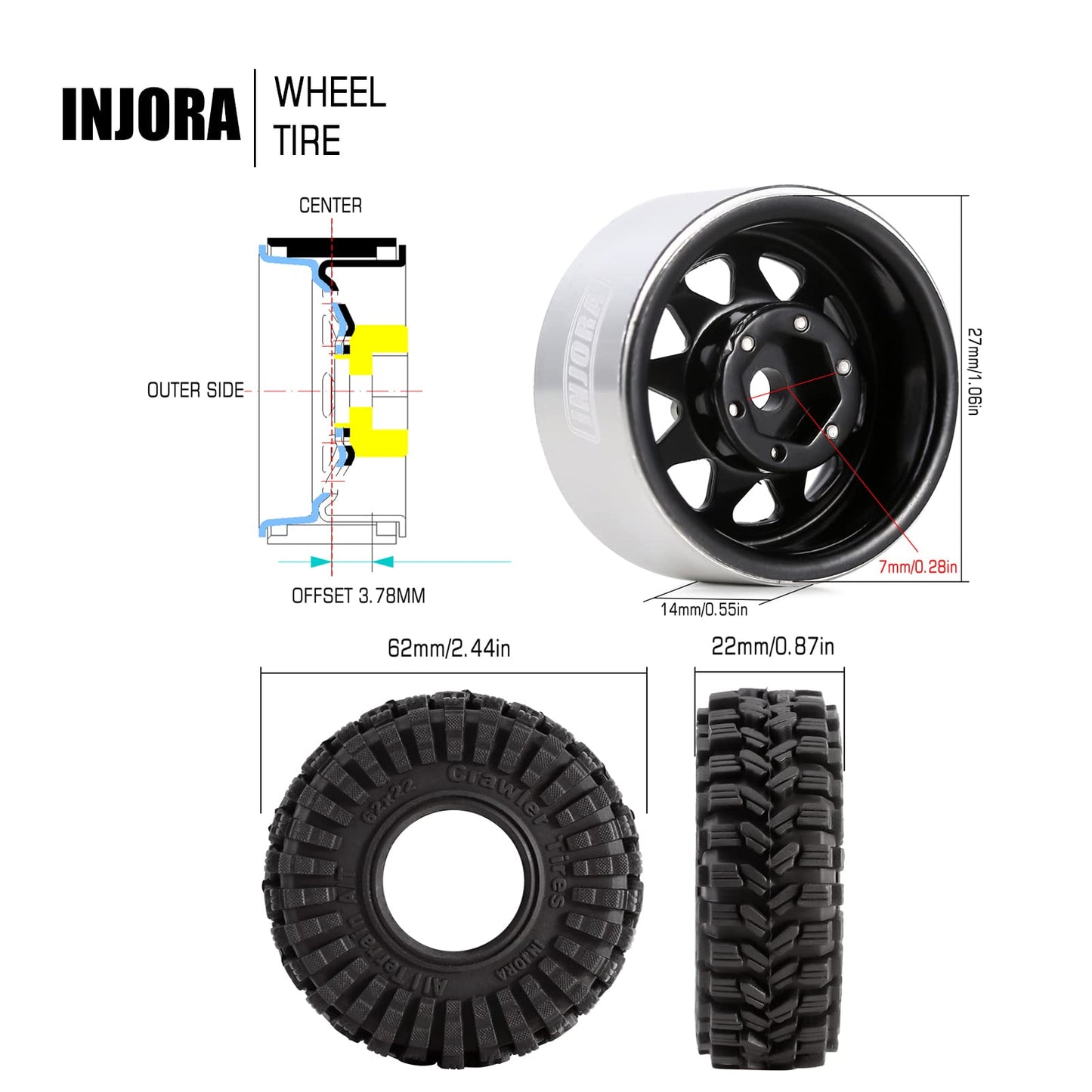 INJORA 1.0 Beadlock Wheel Tires Set -3.78mm Offset Wheel Rims for 1/18 1/24 RC Crawler Car Axial AX24 SCX24 FMS FCX24 TRX4M,Blac