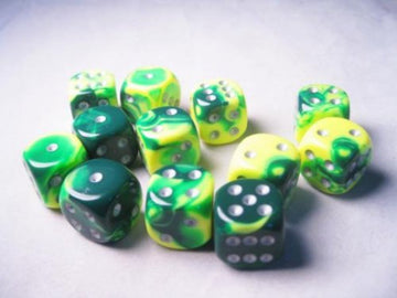 Chessex Dice d6 Sets: Gemini Green & Yellow with Silver - 16mm Six Sided Die (12) Block of Dice