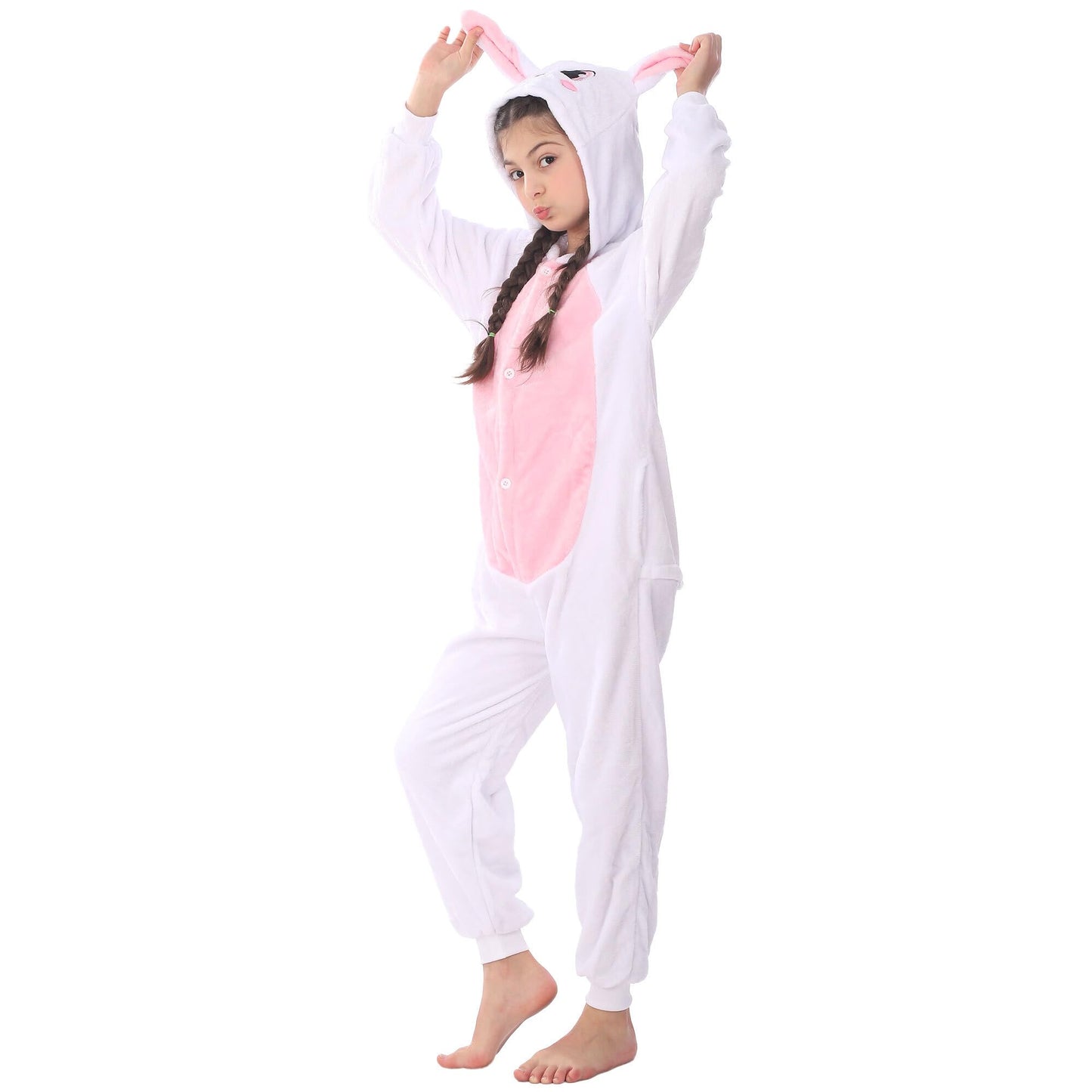 WAFUNNE Animal Onesie Costume for Kids Child Boys Girls Womens Mens Cosplay Halloween Costumes Easter Onesies White Pink Rabbit 140
