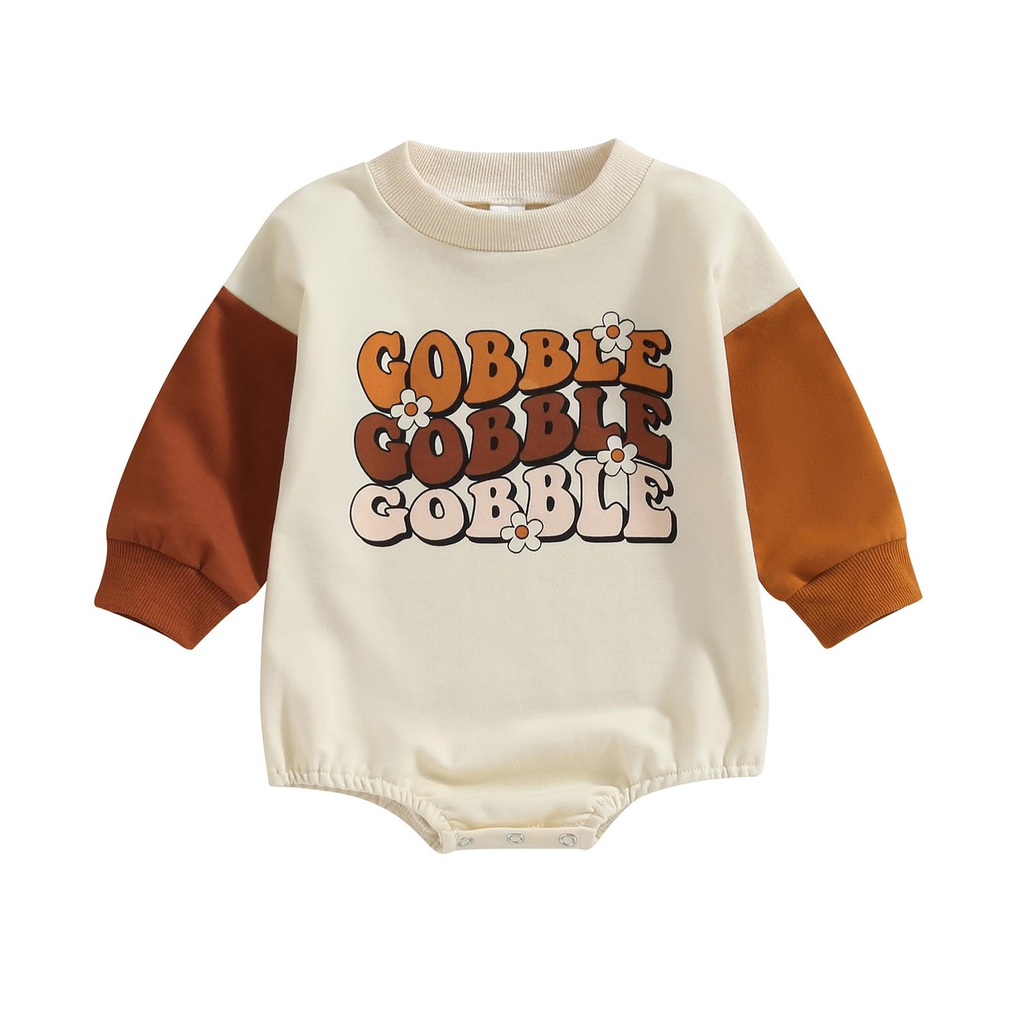 Fybitbo Thanksgiving Baby Girl Boy Outfit Turkey Pullover Sweatshirt Romper Long Sleeve Onesie Cute Fall Clothes (Brown Sleeve Gobble,3-6 Months)