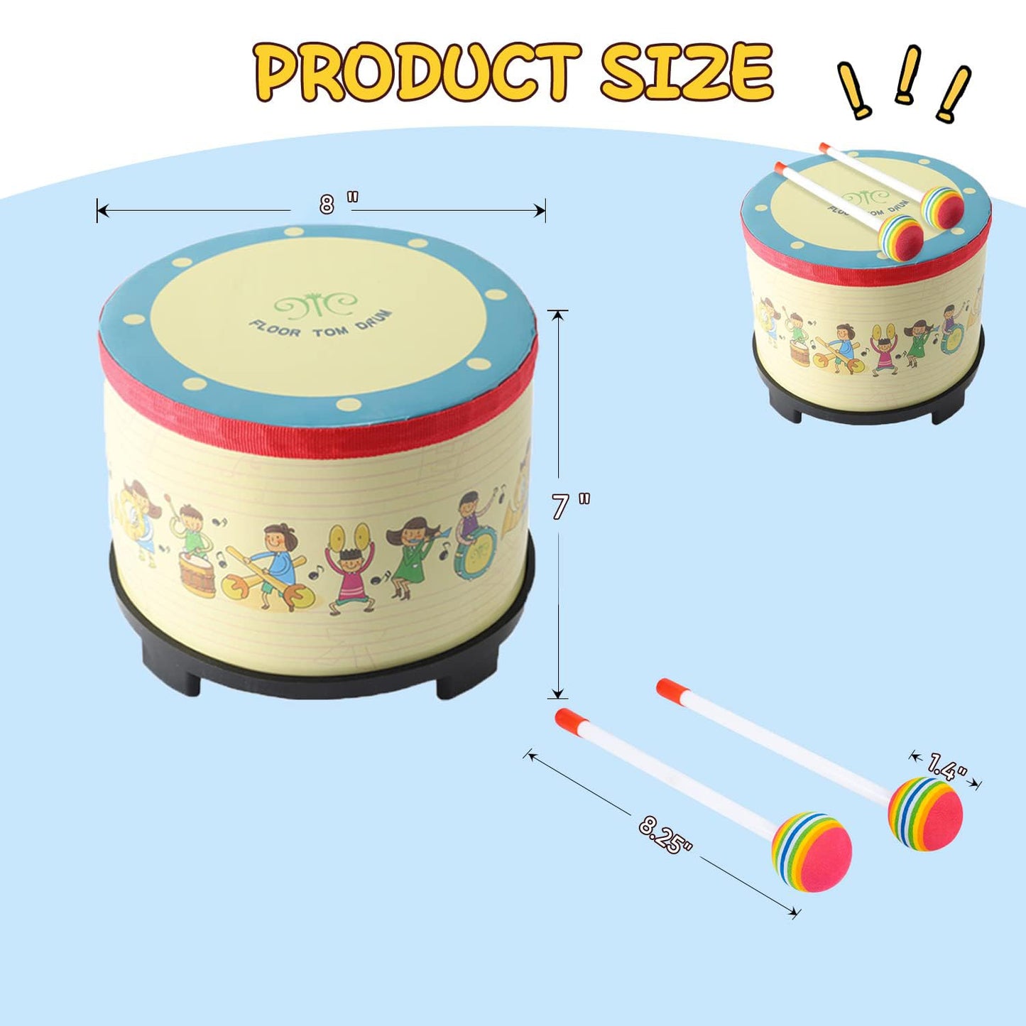 Floor Tom Drum 8 Inch Gathering Club Carnival Colorful Percussion Instrument With 2 Mallets Music Drum For Child Special Christmas Birthday Gift (8 Inch)