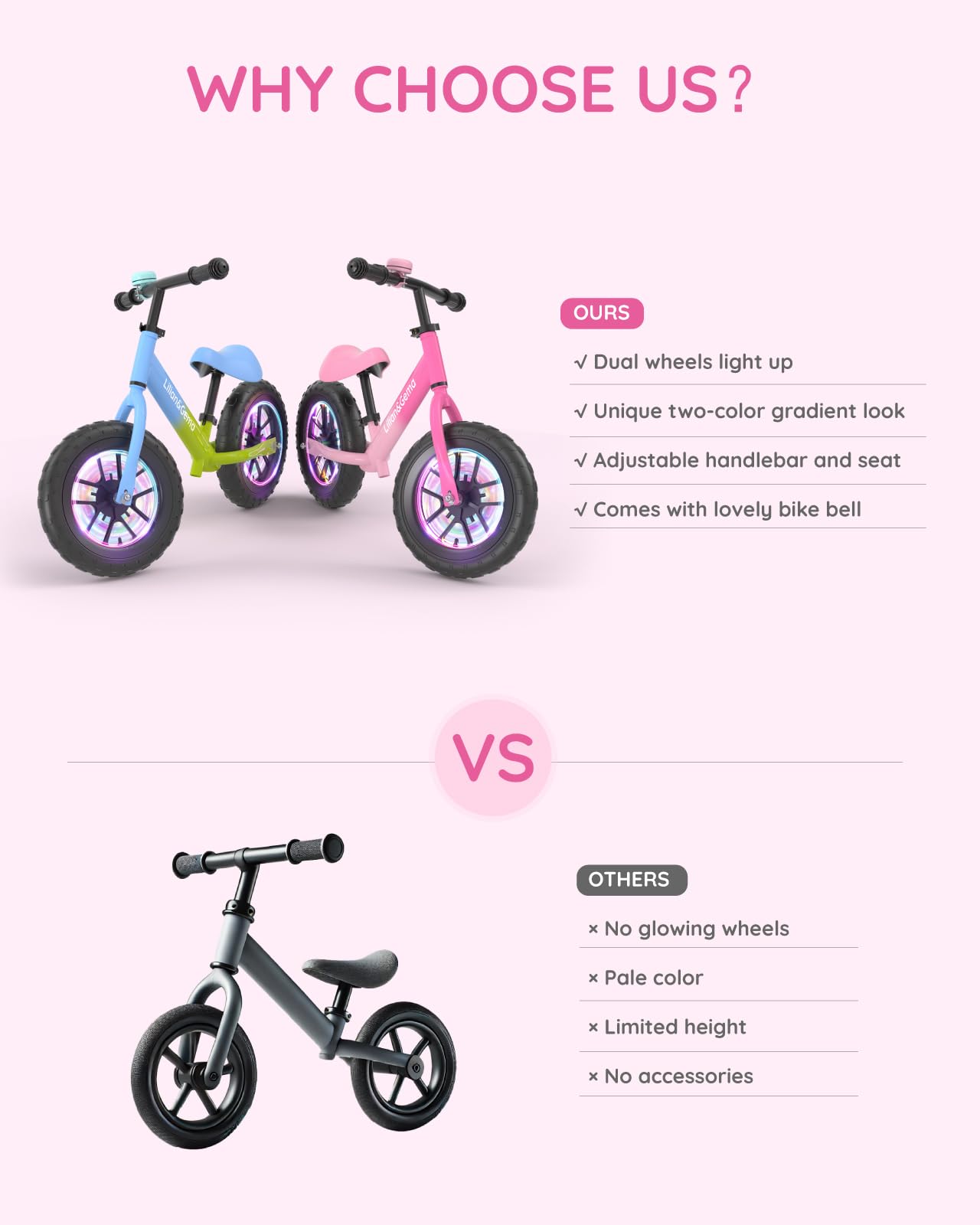 Lilian&Gema Toddler Balance Bike Colorful Lighting, 12'' Kids Balance Bike For 2-5 Years Old With Adjustable Seat & Handlebar, T