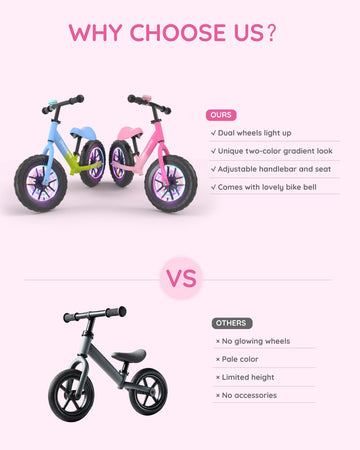 Lilian&Gema Toddler Balance Bike Colorful Lighting, 12'' Kids Balance Bike For 2-5 Years Old With Adjustable Seat & Handlebar, T
