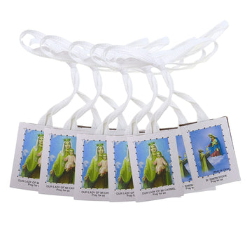 White Scapulars Catholic Necklace, Full Color Our Lady Of Mt Carmel And St Simon Stock Scapular, 5 Pack