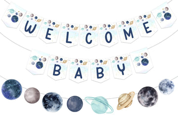 Fangleland Outer Space Baby Shower Banner Garland for Boy, Universe Welcome Baby Banner Decor for Galaxy Planet Themed Party Sup