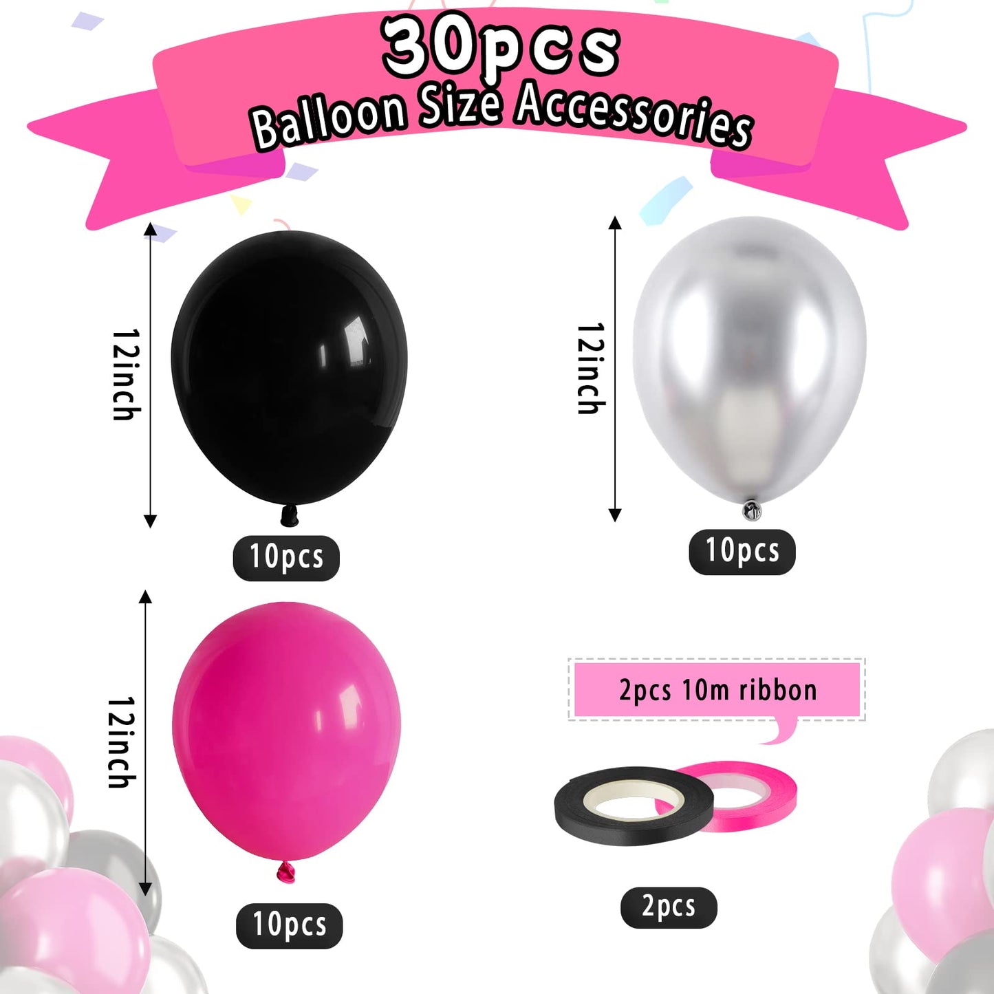 Paready Hot Pink and Black Balloons, 30 Pcs 12-Inch Latex Balloons for Birthday, Wedding, Party Decorations