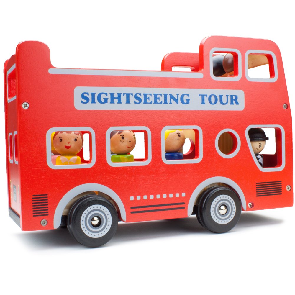 Imagination Generation Wooden Double Decker Bus - Natural Beechwood Cars for Kids 12+ Months, Red