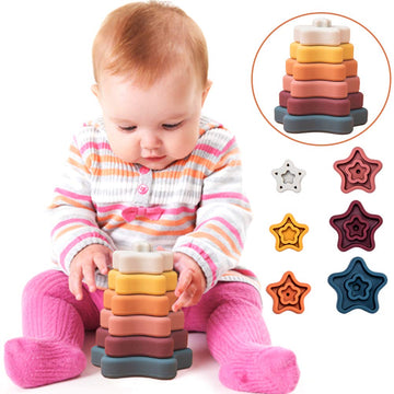 Promise Babe Silicone Stacking Rings Toy with Star Shape Soft Stacker Blocks Baby Toddler Toys,Development Sensory,Star-retro