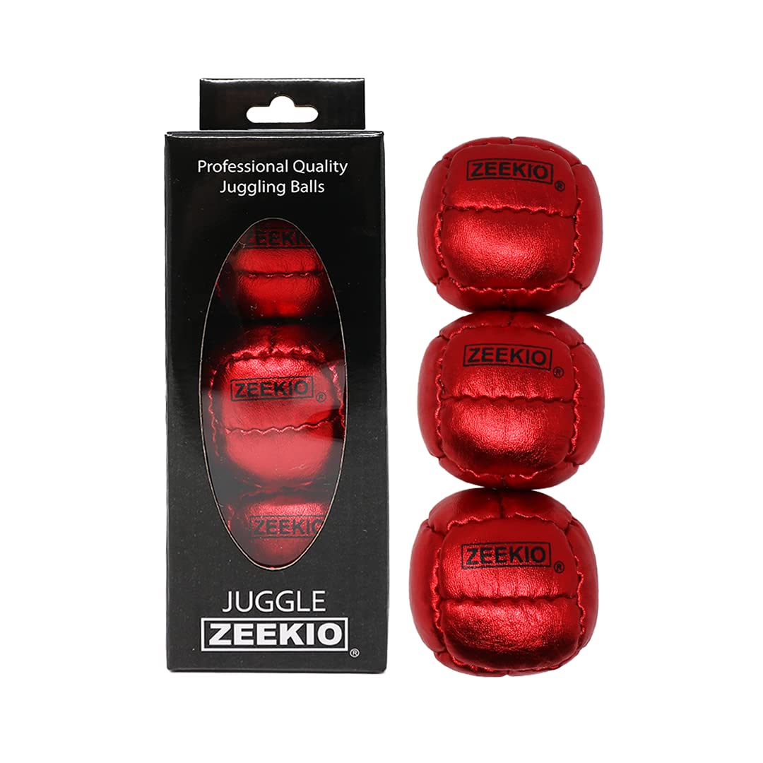 Zeekio Juggling Balls enhanced Galaxy - [Pack of 3]  Genuine Leather  Millet Filled  12-Panel Leather Balls  130g Each  62mm  Metallic Red