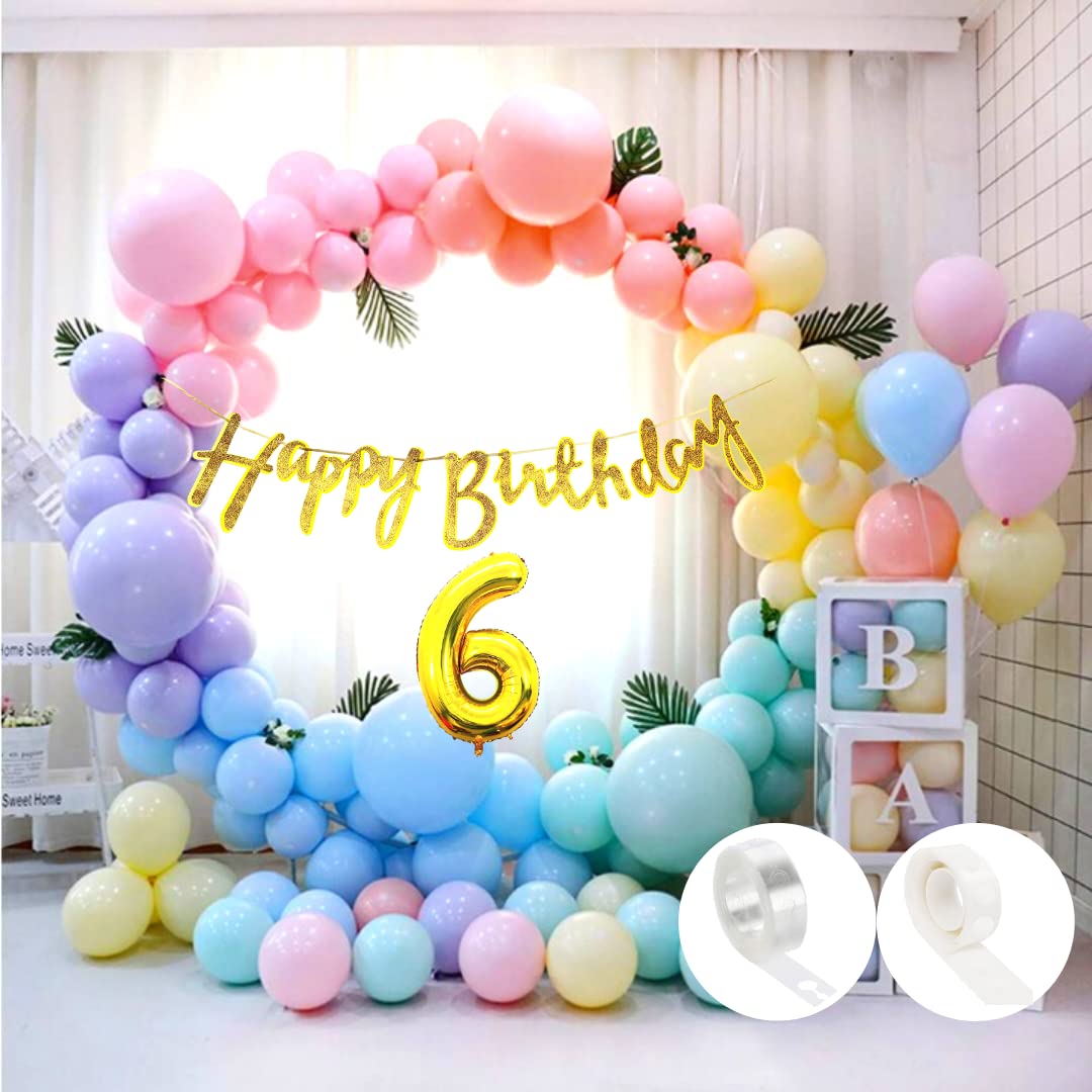 Flyloons 6Th Pastel Happy Birthday Decoration For Girls Kids Boys With Glitter Golden Happy Birthday Banner, Pastel Balloons, Gl