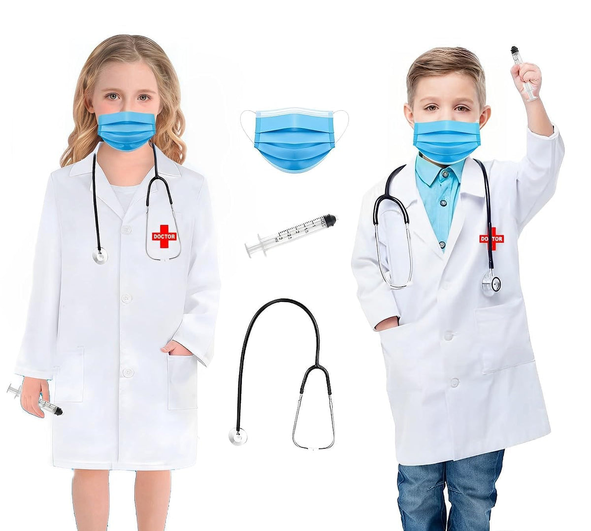 Culture Creation DC1003 Unisex Kids Doctor Coat Costumes dress for boys & girls Set of 4 (Doctor Coat, Stethoscope, Injections &